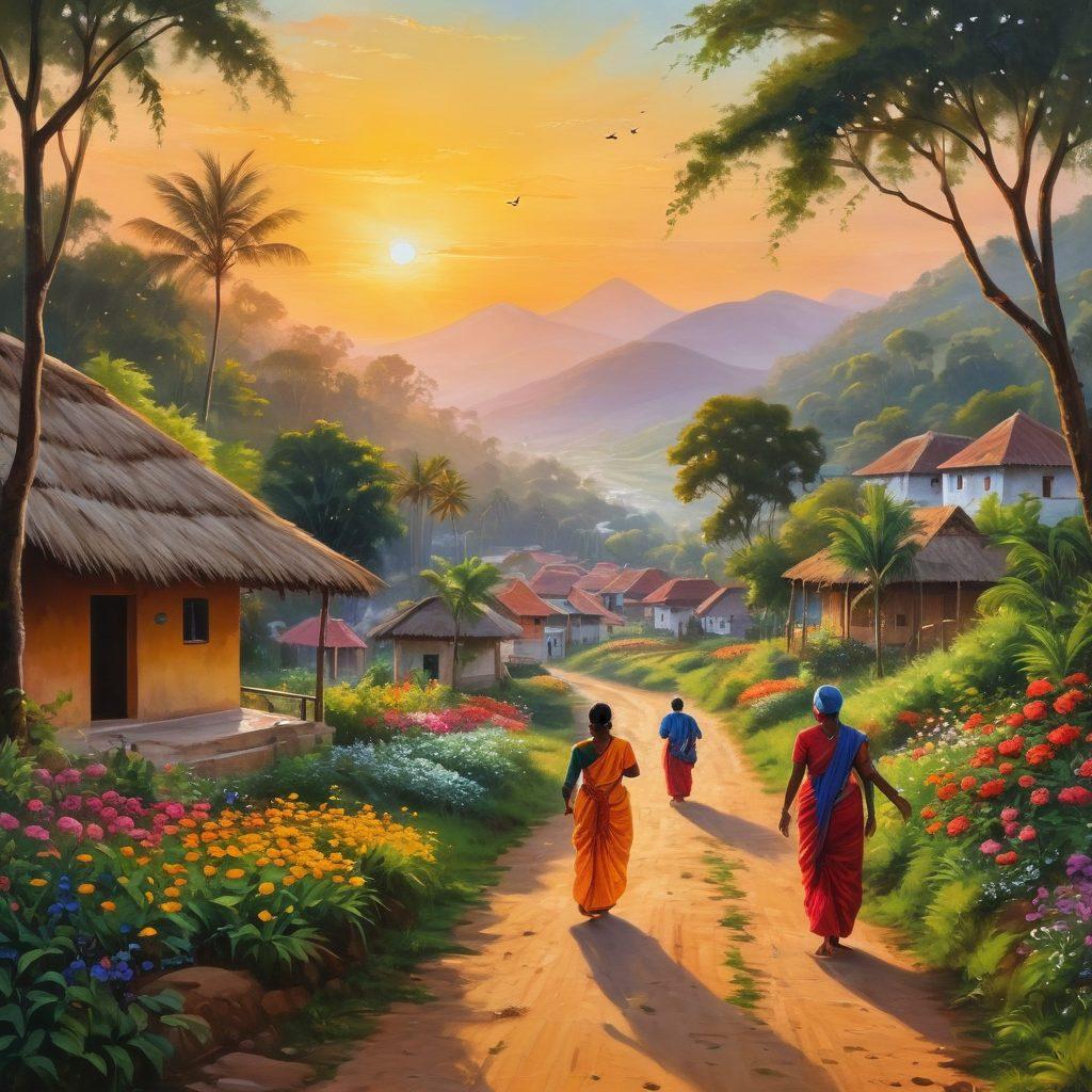 A serene landscape showcasing a traditional Kudurdum village with vibrant homes surrounded by lush greenery. Locals engaged in joyful dances and cultural activities, adorned in colorful attire, exuding happiness and harmony. A radiant sunrise casts warm light over the scene, symbolizing hope and unity. Ethereal elements like floating musical notes and blossoming flowers enhance the atmosphere of bliss. painting. vibrant colors. harmonious composition.