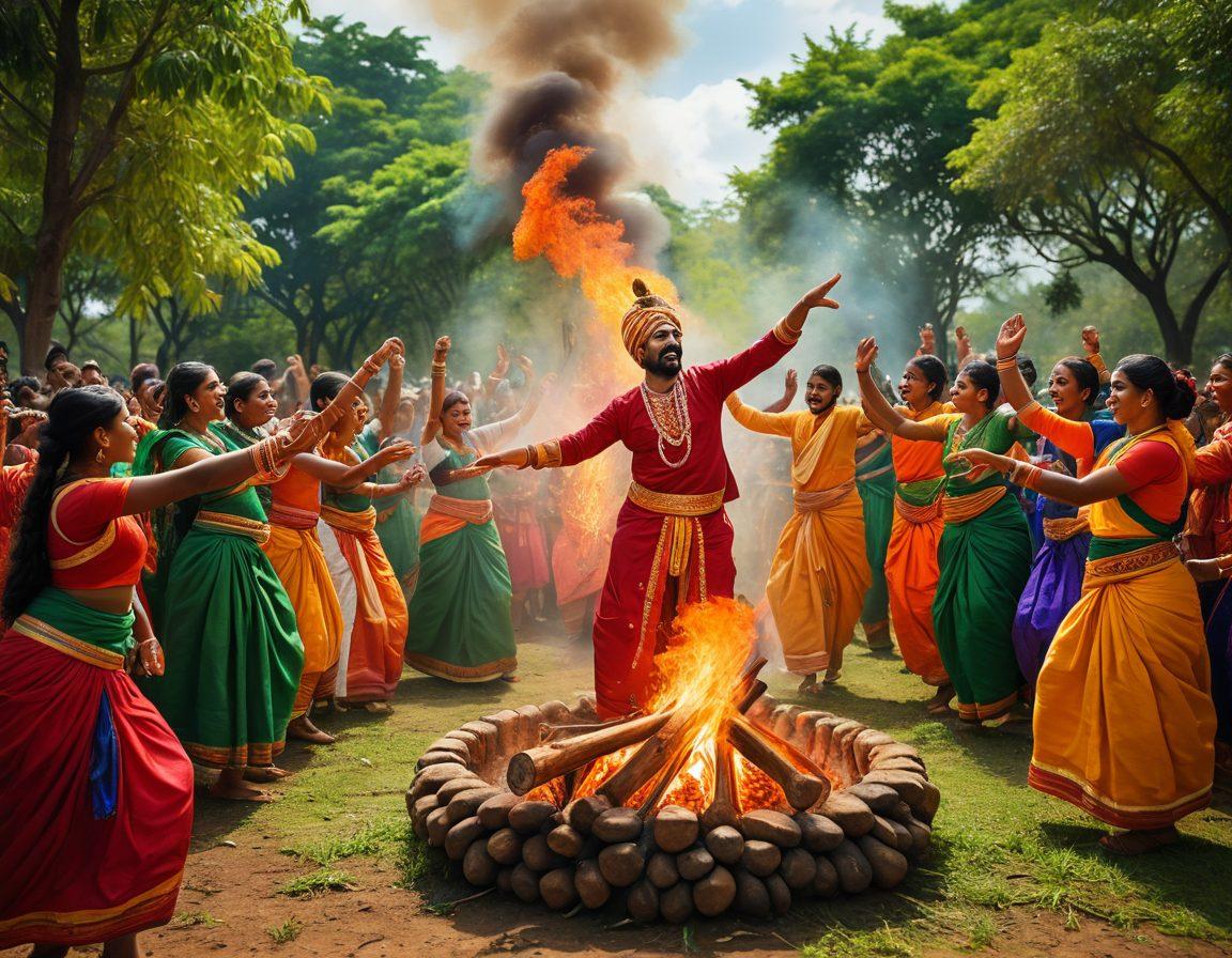 A vibrant celebration scene showcasing the rich traditions of Kudurdum, featuring joyful people dressed in colorful traditional attire, dancing around a bonfire, surrounded by lush green landscapes. Symbolic artifacts representing local culture scattered throughout the scene, with a sense of unity and joy radiating from the community. Bright and cheerful colors evoke a sense of bliss and life in the image. super-realistic. vibrant colors. lush background.