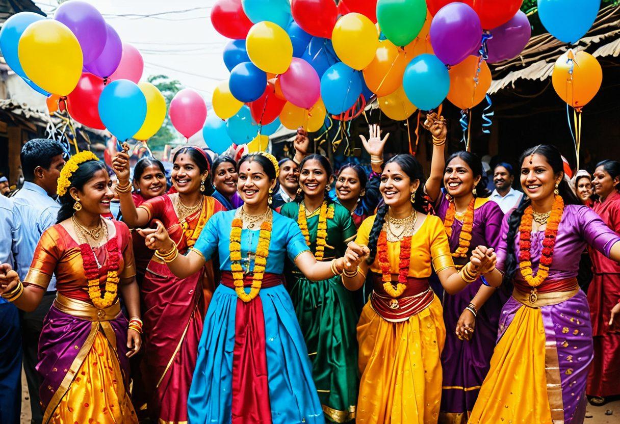 A vibrant celebration scene in Kudurdum, featuring joyful community members dressed in traditional attire, participating in colorful customs and festivities. Lively decorations, such as streamers and balloons, fill the background, while joyful expressions and dancing highlight the spirit of togetherness. Sunshine beams down, illuminating the festive atmosphere, with traditional food and crafts showcased nearby. super-realistic. vibrant colors. cheerful ambiance.